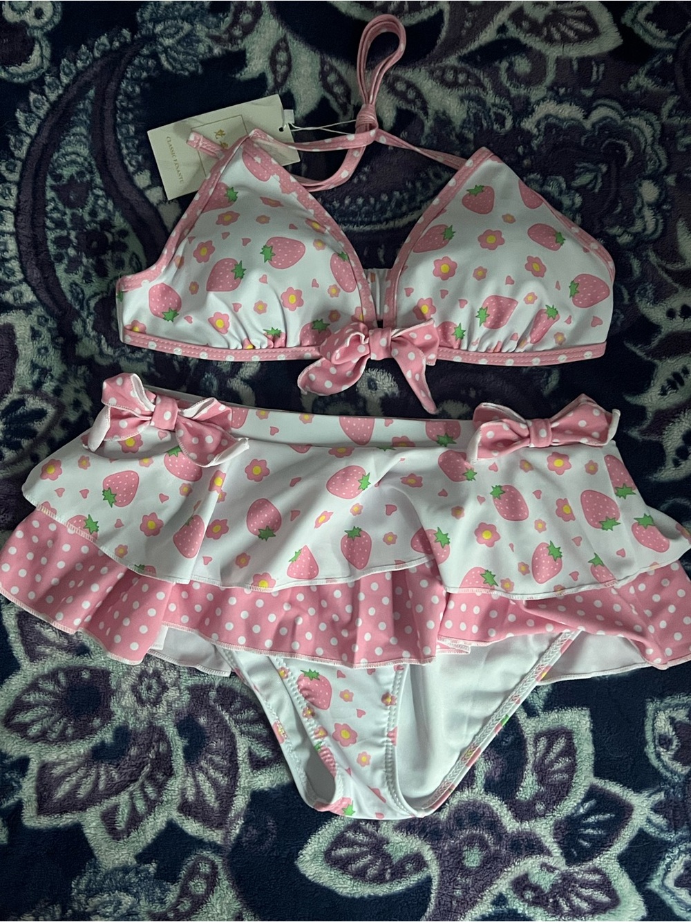 Pink Strawberry Print Ruffle Bikini Set